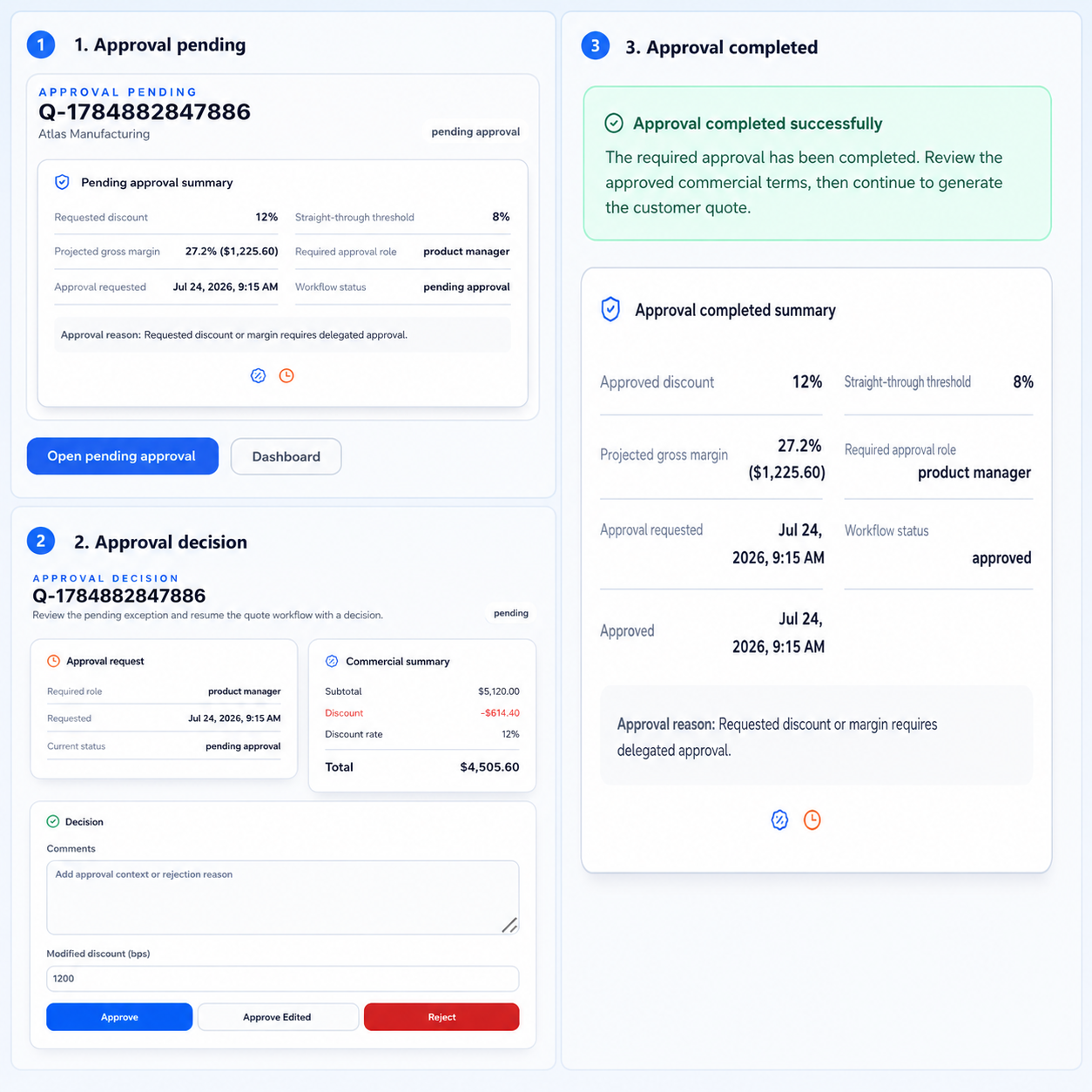 iQuote discount approval decision with approve, edit and reject controls