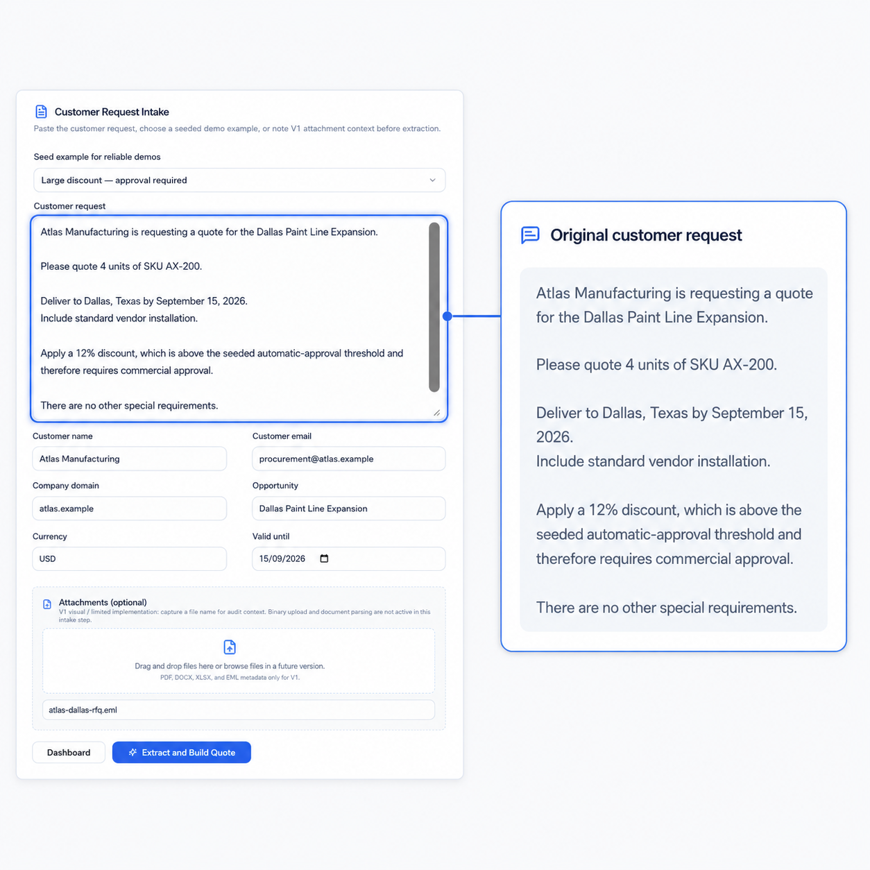 iQuote customer request intake with an unstructured quote request and customer context