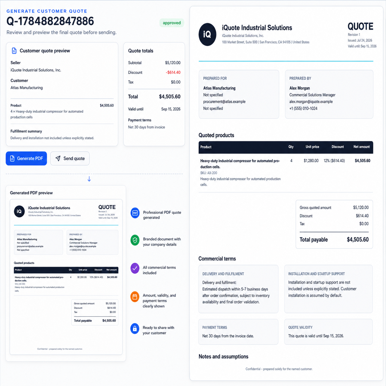 Customer-facing quote PDF generated from approved iQuote state